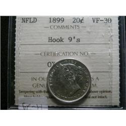 Newfoundland 1899  Hook 9's  20¢ ICCS VF30.  Nice white example with some luster remaining.  So clos