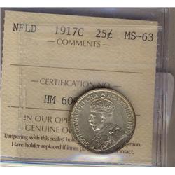 Nfld 1917c 25¢ ICCS MS63 light tone.