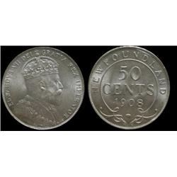 Nfld 1908 50¢ ICCS MS64PQ+.  Fully white and lustrous.  A very flashy coin. Tied for finest known! R