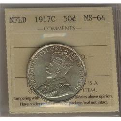 Nfld 1917c 50¢ ICCS MS64PQ+.  Brilliant and lustrous,hint of toning.  A very flashy coin. Scarce!