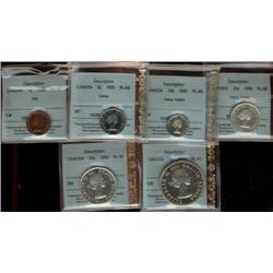 1955 Proof-Like set, all coins graded CCCS PL65 except the five cents which is PL64. All silver coin