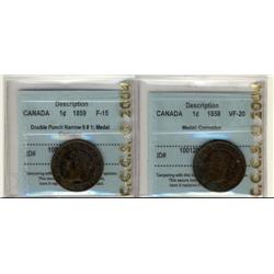 1858 & 1859 DP#1 1¢, Lot of two coins, 1858 VF20 and the 1859 F15, both designated  w/corrosion.