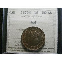 1876H 1¢ ICCS MS64 Red.  90% red lustre.  Nice