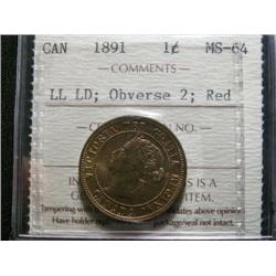 1891 Obv.2 LDLL 1¢ ICCS MS64 Red, Excellent strike and great fields.  Rare this nice!
