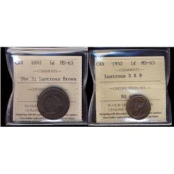 1892 Obv.3 and 1932 1¢, both ICCS graded MS63 red/brown. Lot of two nice looking coins.
