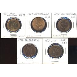 Lot of 5 Large Cents; 1896, 1907, 1911, 1918, 1920.  All MS60 or better.