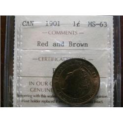 1901 1¢ ICCS MS63RB, a nice fully lustrous example.