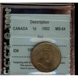 1902 1¢ CCCS MS64 red, 70% red/gold lustre.