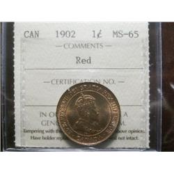1902 1¢ ICCS MS65 Red, Fully struck with clean fields and superb surfaces.