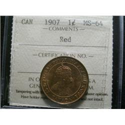 1907 1¢ ICCS MS64 Red. A very flashy coin! Excellent strike and clean fields.  Great surfaces.  A su