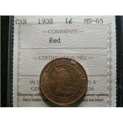 1908 1¢ ICCS MS65 Red, Fully struck with clean fields and superb surfaces.  Scarce date!