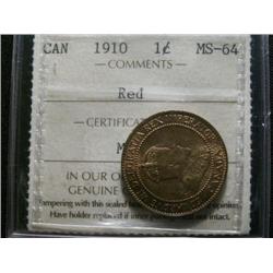 1910 1¢ ICCS MS64 Red, Excellent strike and lots of lustre.
