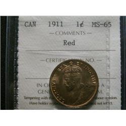 1911 1¢ ICCS MS65 Red, Fully struck with clean fields and superb surfaces.