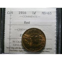 1916 1¢ ICCS MS65 Red, Fully struck with clean fields and superb surfaces.