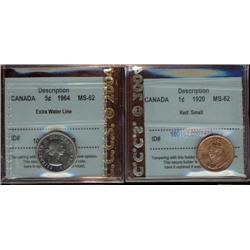 Lot of 2 CCCS graded coins.  Small cents;1920, Five Cents; 1964 EWL. Both MS62