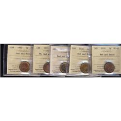 Lot of 5 small cents George V; 1920, 1928, 1929, 1941, 1953SF.  All ICCS graded MS63 Red/brown.