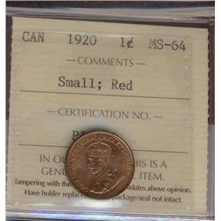 1920 Small 1¢ ICCS MS64 Full Red,  Fully struck with clean fields and nice surfaces. So close to be 