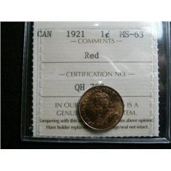 1921 1¢ ICCS MS63 Red, Excellent strike and lots of lustre. Scarce!