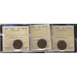 Lot of 3 ICCS graded small cents; 1922 VF20, 1923 VF30, 1925 VF30.