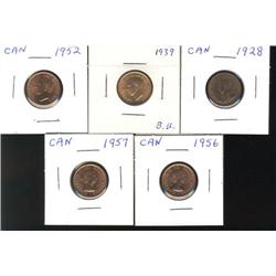 Lot of 5 small cents. 1928, 1939, 1952, 1956, 1957.  Grades vary from MS62 to MS64 Red.