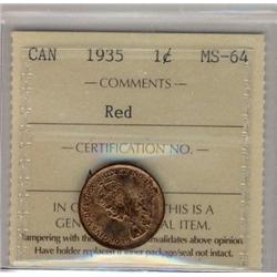 1931 1¢ ICCS MS63 Red, 75% red lustre remaining.  A scarce coin in minstate condition.