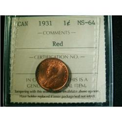 1931  1¢  ICCS MS64 Red.  90% red luster. Scarce date! Flashy coin.