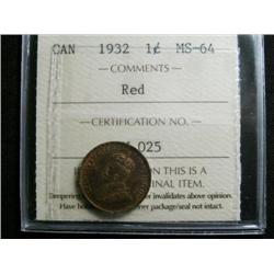 1932  1¢ ICCS MS64 Red.  80% red lustre.