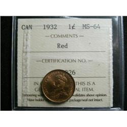 1932  1¢ ICCS MS64 Red.  100% red lustre. Near Gem!