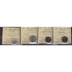 Lot of 4 ICCS graded coins. Small cent; 1933 MS62RB, 1935 MS60, Five cents; 1937 MS64, Ten cents; 19