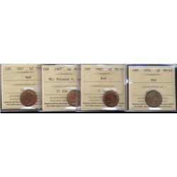 Lot of 4 ICCS graded Small cents; 1934, 1945, 1947ML Pointed 7, 1947.  All MS63 Red.