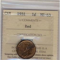 1935 1¢ ICCS MS64 Red, 85% red lustre remaining.
