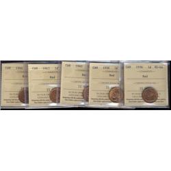 Lot of 5 ICCS graded Small cents; 1936, 1938, 1940, 1943, 1946.  All MS64 Red.