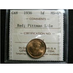 1936 1¢ ICCS MS65 Red PQ. A very flashy coin! Excellent strike and clean fields.  From the "Pittman"
