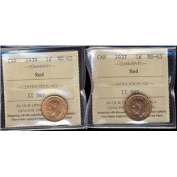 Lot of 2 ICCS graded Small cents; 1937, 1939. Both MS65 Red.