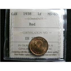 1938 1¢ ICCS MS65 Red. A very flashy coin! Excellent strike and clean fields.