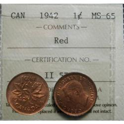 1942 1¢ ICCS MS65 Red. 95% full wine /red lustre.  A nice example.