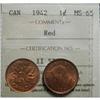 Image 1 : 1942 1¢ ICCS MS65 Red. 95% full wine /red lustre.  A nice example.