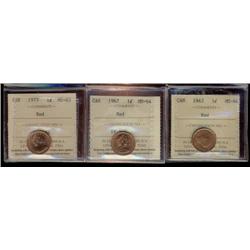 Lot of 3 ICCS graded Small cents; 1943 MS64 Red, 1967 MS64 Red, 1977 MS65 Red.