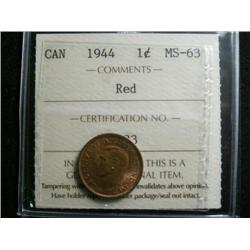 1944  1¢ ICCS MS63 Red.  80% red lustre.