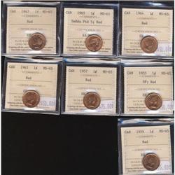 Lot of 7 small cents. All ICCS MS65 Red. Includes 1947, 1955 SF, 1957, 1959, 1963, 1964, 1965 SBP5.