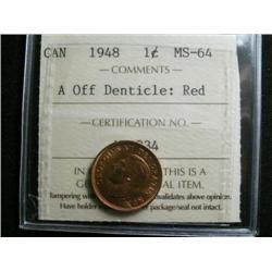 1948 "A" OFF dent. 1¢ ICCS MS64 Red