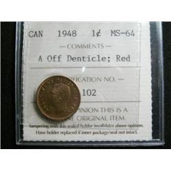 1948 "A" off dent.1 cent  ICCS MS64 Red, 70% red lustre