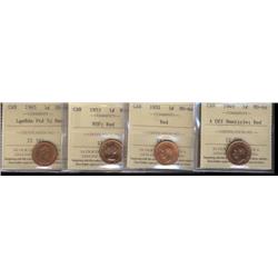 Lot of 4 ICCS graded Small cents; 1949 A OFF dent., 1951, 1953 NSF, 1965 T.4.  All MS64 Red.