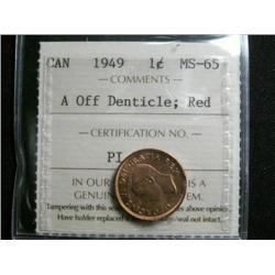 1949 "A" OFF dent 1¢ ICCS MS65 Red . A very flashy coin! Excellent strike and clean fields.