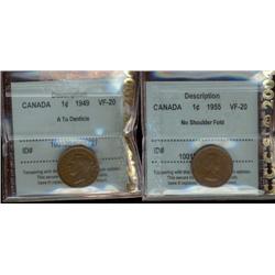 Lot of 2 CCCS graded Small cents; 1949 "A" to dent., 1955 NSF.  Both VF20