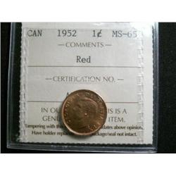 1952 1¢ ICCS MS65 Red. A very flashy coin! Excellent strike and clean fields.