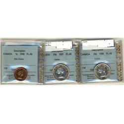 Lot of 3 CCCS graded coins; 1 cent; 1958 PL66 red Cameo, 25 Cents; 1957 PL66 Cameo, 1958 PL66 Cameo.