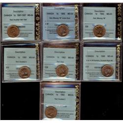 Lot of 7 "VARIETIES" CCCS graded Small cents; 1949 "A" off dent. (Doubled right ML) MS64 Red, 1960 (