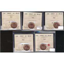 Lot of 5 ICCS graded 1¢; 2002P, 2003P, 2004P, 2005P, 2006P.  All  ICCS MS67 Full red.