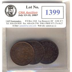 1858, 1859 8/9, 1859 DP#2  1¢, lot of 3 pieces. All G6.